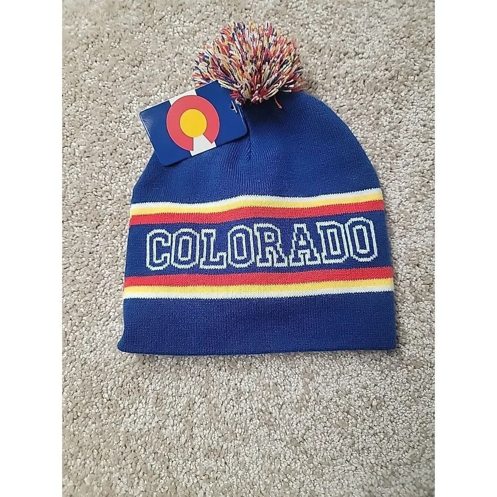 COLORADO‎ Beanie Cap Knit Toboggan Pom Pom Puff Purple Pink White Striped Winter